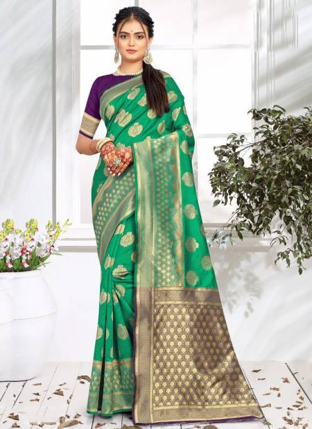 Green Colour Santraj Flower Booti New Exclusive Wear Fancy Designer Banarsi Silk Saree Collection S-5004